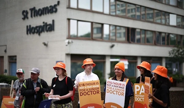 Junior doctors in England striking one week before the UK's general election to increase pay, June 27, 2024. (AFP)