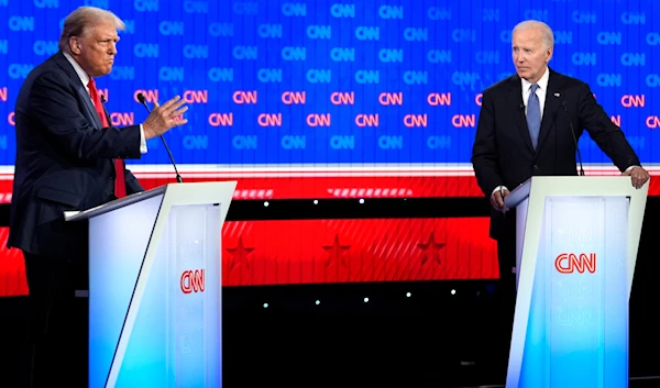 President Joe Biden, right, and Republican presidential candidate former President Donald Trump, left, participate in a presidential debate hosted by CNN, Thursday, June 27, 2024, in Atlanta. (AP)