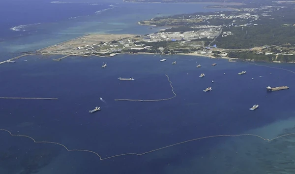 Construction work off Henoko in Nago, Okinawa prefecture, South Japan, May 2, 2023. (Kyodo News via AP)