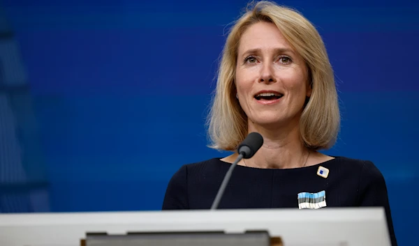 Estonia's Prime Minister Kaja Kallas speaks during a media conference at an EU summit in Brussels, early Friday, June 28, 2024. (AP)