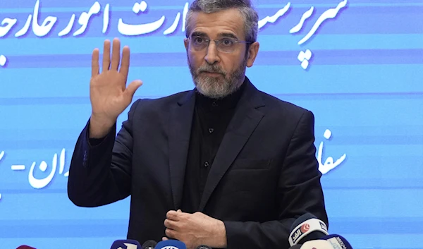 Iranian interim Foreign Minister Ali Bagheri Kani gestures to journalists during a press conference at the Iranian Embassy in Beirut, Lebanon, June 3, 2024 (AP)