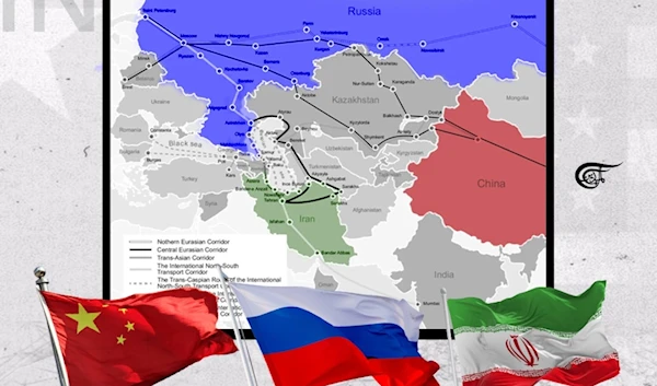 Iran, China, Russia, and even India would all benefit from INSTC, which would shorten the trade routes and cut down on costs while giving them options. (Al Mayadeen English; Illustrated by Batoul Chamas)