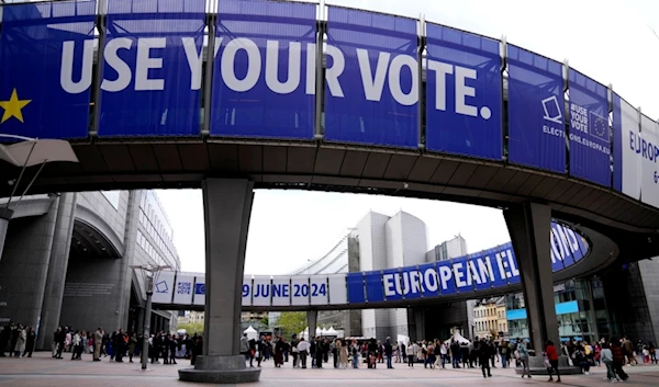 People wait in line to visit the European Parliament during Europe Day celebrations in Brussels on May 4, 2024. (AP)