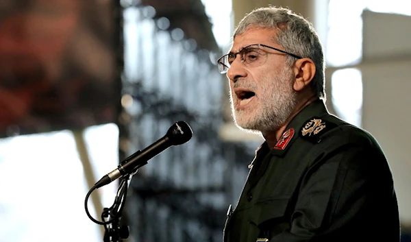 Gen. Esmail Ghaani, Soleimani's successor as the new head of Quds Force speaks during a ceremony on the occasion of first anniversary of death of the force's previous head Gen. Qassem Soleimani, in Tehran, Iran, on January 1, 2021. (AP)