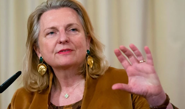 Austrian Foreign Minister Karin Kneissl gestures during a joint press conference with Russian Foreign Minister Sergey Lavrov following their talks in Moscow, Russia, Tuesday, March 12, 2019. (AP)