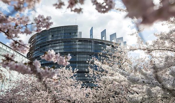 The European Parliament is pictured through cherry trees, Strasbourg Eastern France, on March 26, 2019. (AP)