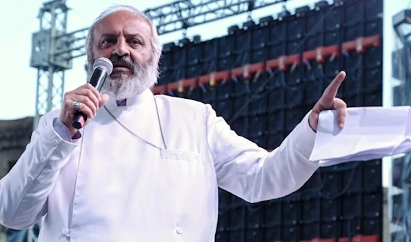 Archbishop Bagrat Galstanyan addresses protesters in Yerevan, undated. (AFP)