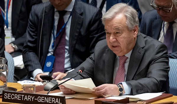 United Nations Secretary General Antonio Guterres speaks during a Security Council meeting at the United Nations headquarters, April 18, 2024. (AP)