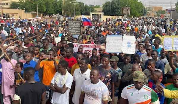 Illustrative: Supporters of Niger’s ruling junta gather for a protest called to fight for the country’s freedom and push back against foreign interference in Niger on August 3,2023. (AP)