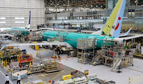 A Boeing 737 MAX aircraft is shown on the assembly line during a brief media tour at the Boeing facility in Renton, Wash., on June 25, 2024. (AP)