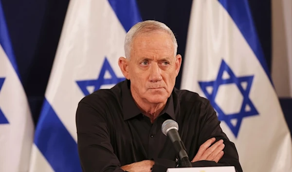 Former Israeli War Cabinet member Benny Gantz speaking at a press conference in the Kirya military base on october 28, 2023. (AP)