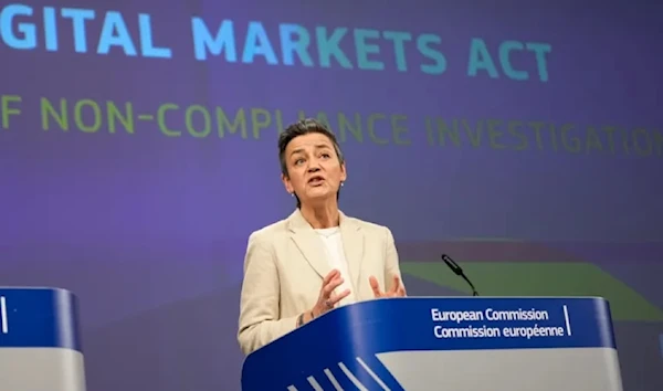 European Commissioner for Europe fit for the Digital Age, Margrethe Vestager speaks during a media conference regarding the Digital Markets Act at EU headquarters in Brussels, on March 25, 2024. (AP)