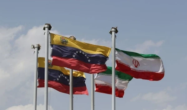 The flags of Iran and Venezuela are seen when Venezuelan President Nicolas Maduro arrives at Mehrabad airport in Tehran, Iran June 10,2022. (Social media)