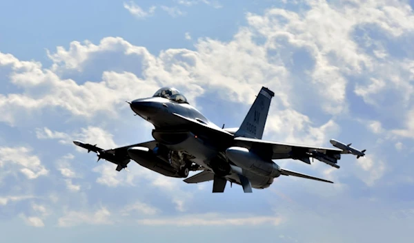 This image provided by the U.S. Air Force, a F-16 Fighting Falcon from the 510th Fighter Squadron takes off during Red Flag 24-1 at Nellis Air Force Base, Nevada, on Jan 25, 2024. (AP)