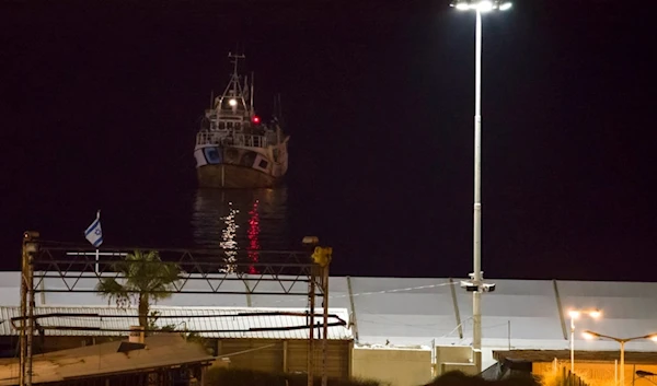 A boat bound to Gaza Strip intercepted by Israeli navy arrives to Ashdod port, occupied Palestine, Sunday, July 29, 2018. (AP)