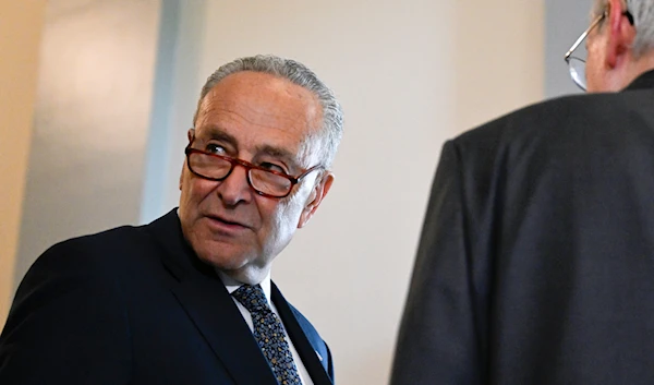 Senate Majority leader Chuck Schumer, D-NY, left, talks with Senate Minority leader Mitch McConnell, R-KY, as they wait for the arrival of Ukraine President Volodymyr Zelenskyy on Capitol Hill, on July 10, 2024 in Washington. (AP)