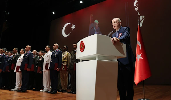 Turkish President Recep Tayyip Erdogan delivers a speech at a graduation ceremony of 181 officers, July 13, 2024. (@RTErdogan)