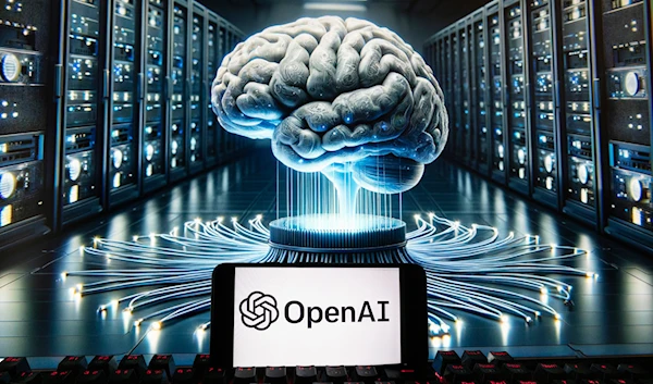 The OpenAI logo is seen displayed on a cell phone with an image on a computer monitor generated by ChatGPT's Dall-E text-to-image model, on December 8, 2023, (AP)