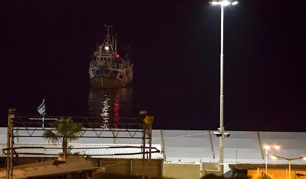 A boat bound to the Gaza Strip arrives to Asdod port, occupied Palestine, Sunday, July 29,2018 (AP)