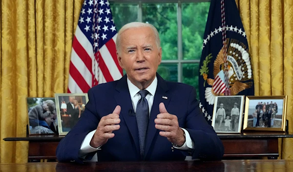 President Joe Biden addresses the nation from the Oval Office of the White House in Washington, Sunday, July 14, 2024 (AP/Pool)