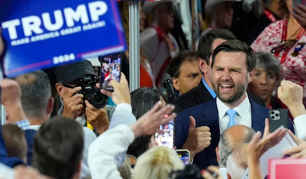 Republican US vice presidential candidate Senator JD Vance gives a thumbs-up to supporters as he is introduced during the first day of the Republican National Convention on July 15, 2024, in Milwaukee. (AP)