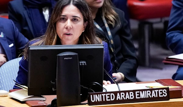 Lana Zaki Nusseibeh, Permanent Representative to the United Nations of the United Arab Emirates, addresses members of the U.N. Security Council at United Nations headquarters, Oct. 30, 2023. (AP)