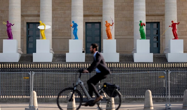 Copies of one of the most famous Greek statues, the Venus of Milo, stand on the steps of the French National Assembly ahead of the 2024 Summer Olympics, Friday, July 19, 2024 in Paris. (AP)