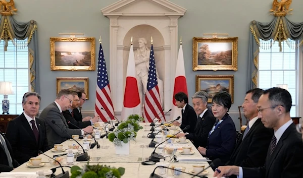 Secretary of State Antony Blinken second from left, meets with Japanese Foreign Minister Yoko Kamikawa, third from right, at the state department with Washington, Friday January 12,2024. (AP)