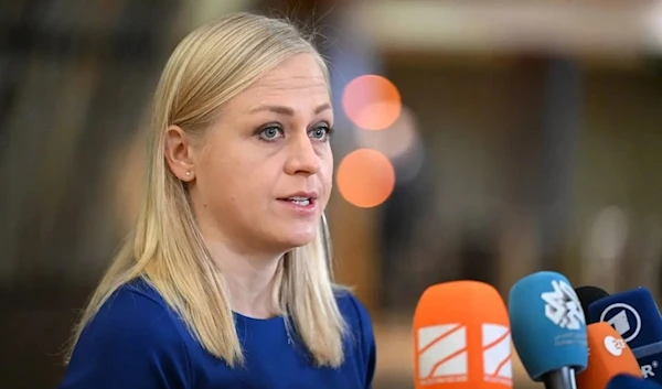 Finland’s Minister for Foreign Affairs Elina Valtonen speaks to the media during a Foreign Affairs Council (FAC) meeting at the EU headquarters in Brussels on January 22, 2024. (AFP)