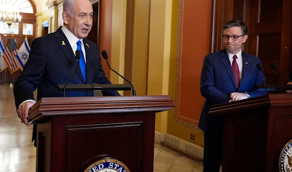 Israeli Prime Minister Benjamin Netanyahu is welcomed by Speaker of the House Mike Johnson, R-La., to the Capitol in Washington, Wednesday, July 24, 2024. (AP)