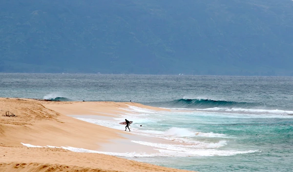 A surfer walks out of the ocean on Oahu's North Shore near Haleiwa, Hawaii, March 31, 2020 (AP)