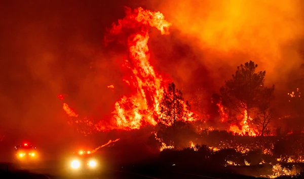 Flames leap above fire vehicles as the Park Fire jumps Highway 36 near Paynes Creek in Tehama County, Calif., Friday, July 26, 2024. (AP)