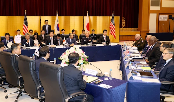 US Secretary of Defense Lloyd Austin, South Korean Defense Minister Shin Won-sik, and Japanese Defense Minister Minoru Kihara hold talks at Japan's defense ministry in Tokyo, July 28, 2024 (AP)