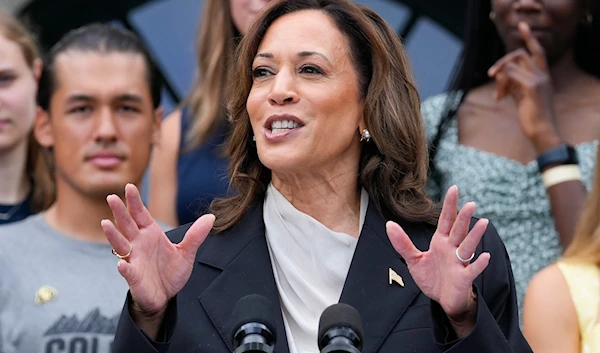 Vice President Kamala Harris speaks from the South Lawn of the White House in Washington, Monday, July 22, 2024, during an event with NCAA college athletes. (AP)