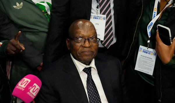 Former president and now leader of the MK Party, Jacob Zuma, looks on at the Results Operation Centre (ROC) in Midrand, Johannesburg, South Africa, Saturday, June 1, 2024 (AP)