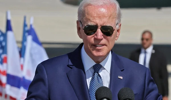 Joe Biden delivers a statement upon arrival at Israel's Ben Gurion Airport near Tel Aviv, on July 13, 2022. (AFP via Getty Images)