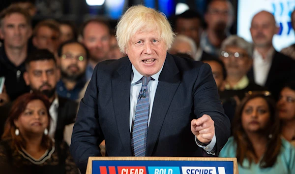 Former Prime Minister of the United Kingdom, Boris Johnson, delivers a speech at a Conservative Party campaign event at the National Army Museum in London, Tuesday, July 2, 2024. (AP0