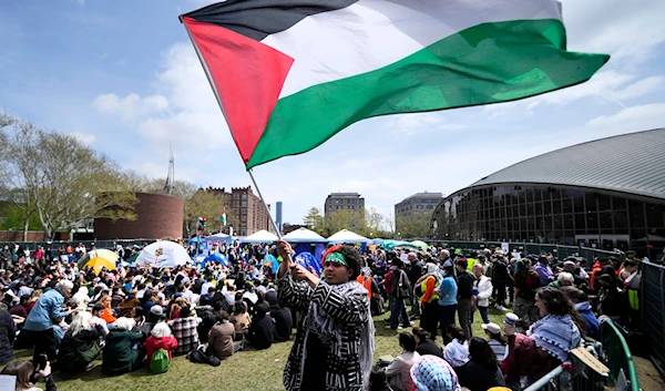 Students gather at a pro-Palestinian student encampment on the campus of the Massachusetts Institute of Technology, Friday, May 3, 2024, in Cambridge, Mass. (AP)