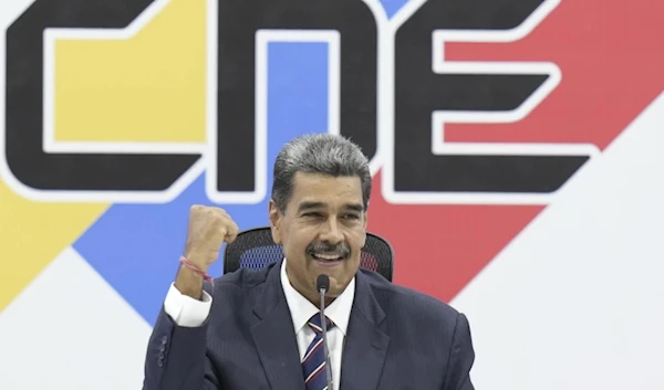 Venezuelan President Nicolas Maduro attends a ceremony at the National Electoral Council (CNE) that certifies him as the winner of the presidential election in Caracas, Venezuela, Monday, July 29, 2024. (AP)