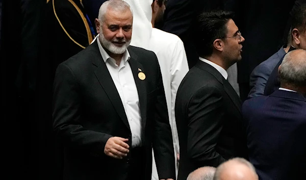 Hamas chief Ismail Haniyeh arrives at the Iranian parliament to attend the swearing-in ceremony of newly-elected President Masoud Pezeshkian, in Tehran, Iran, on July 30, 2024. (AP)