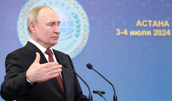 Russian President Vladimir Putin holds press conference after the Shanghai Cooperation Organisation (SCO) summit in Astana, Kazakhstan, Thursday, July, 4, 2024. (AP)