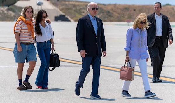 Maisy Biden, Naomi Biden, President Joe Biden and first lady Jill Biden walk to depart on Air Force One from Los Angeles International Airport, June 16, 2024, in Los Angeles. (AP)