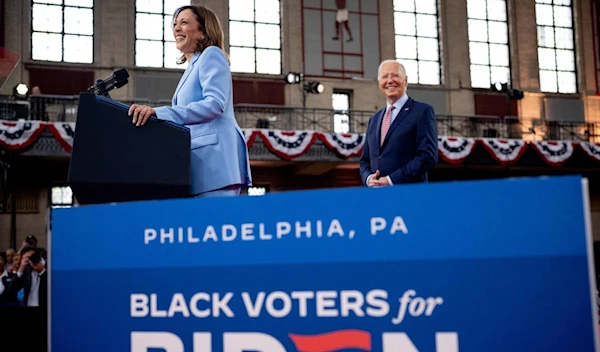 .US Vice President Kamala Harris introduces US President Joe Biden during a campaign rally at Girard College on May 29, 2024. (AFP)