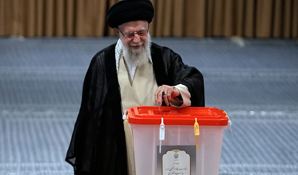 Iranian Supreme Leader Ayatollah Ali Khamenei casts his vote for the presidential runoff election in Tehran, Iran, on July 5, 2024. (AP)