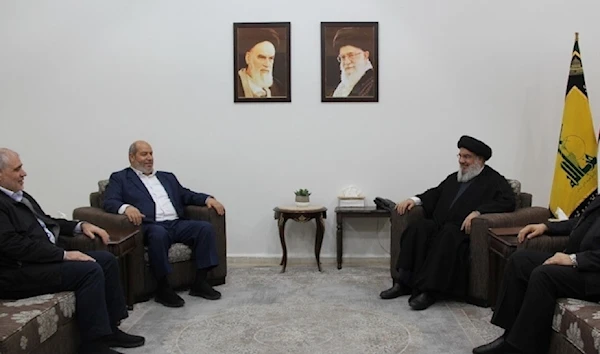 Secretary General of Hezbollah Sayyed Hassan Nasrallah receives a delegation of Hamas leaders in Lebanon on May 15,2024. (Military Media of the Islamic Resistance in Lebanon)