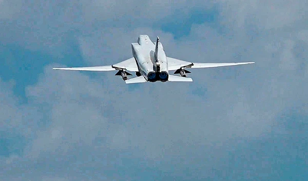 In this photo taken from video on Monday, June 10, 2024, and released by the Russian Defense Ministry Press Service, A Russian Tu-22M3 bomber is seen in flight during joint Russian-Belarusian drills. (AP)