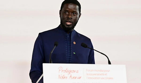 Senegal's President Bassirou Diomaye Faye delivers his speech during the African Vaccine Manufacturing Accelerator conference, Thursday, June 20, 2024 in Paris. (AP)