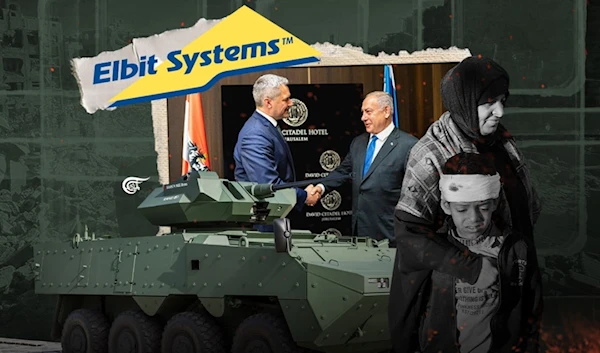 ESLAIT is the Austrian subsidiary of Israeli drone manufacturer Elbit Systems. Its drones have surveilled and bombed the Gaza Strip and West Bank refugee camps from Jenin to Tulkarm for years. (Al Mayadeen English; Illustrated by Zeinab El-Hajj)