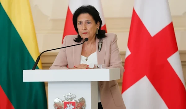 Georgian President Salome Zourabichvili, speaks at a joint news conference with foreign ministers of Baltic and Nordic states during her trip to Georgia in Tbilisi, Georgia, May 15, 2024. (AP)