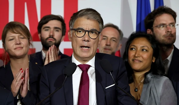 Olivier Faure, First Secretary of the Socialist Party delivers a speech after the second round of the legislative elections, Sunday, July 7, 2024 at their election night headquarters in Paris. (AP)